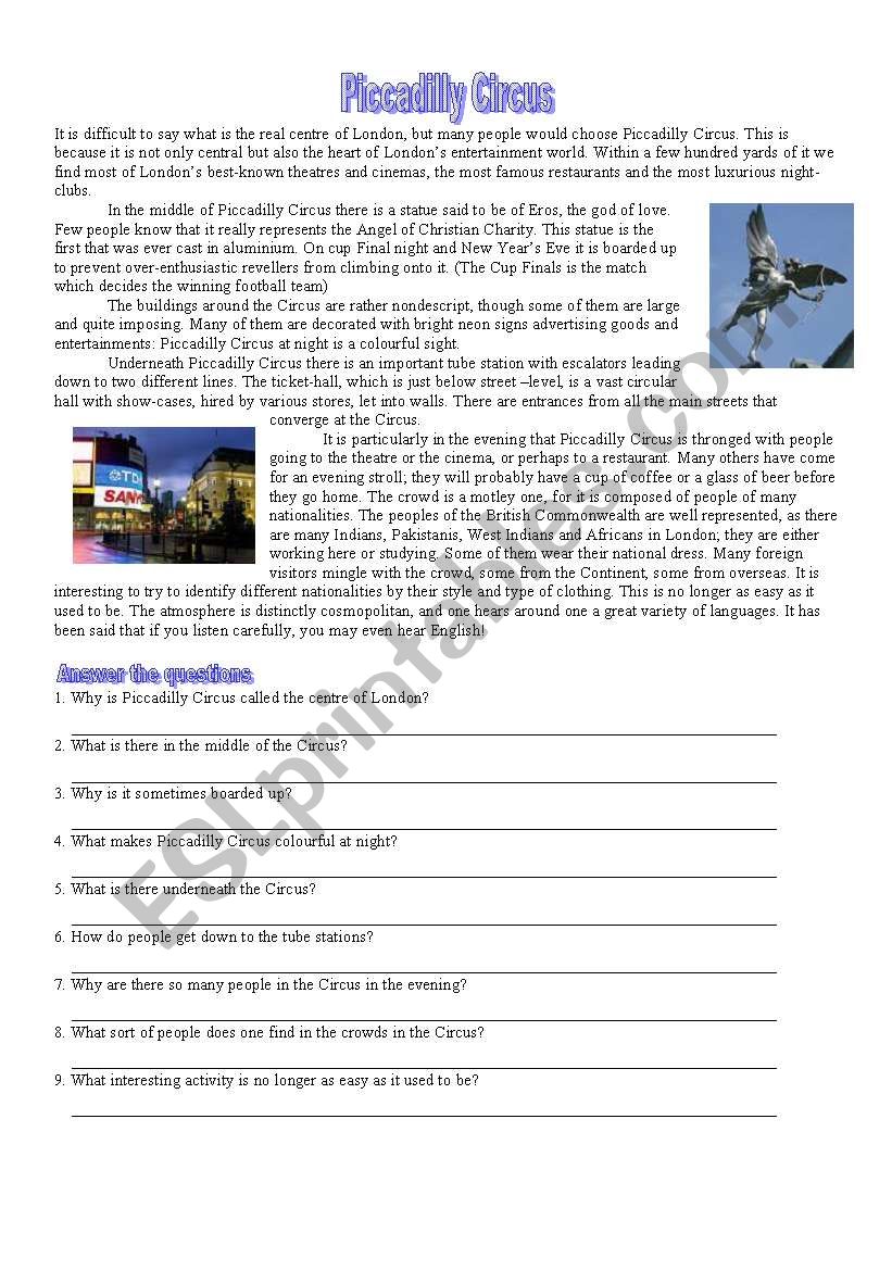 Piccadilly Circus worksheet