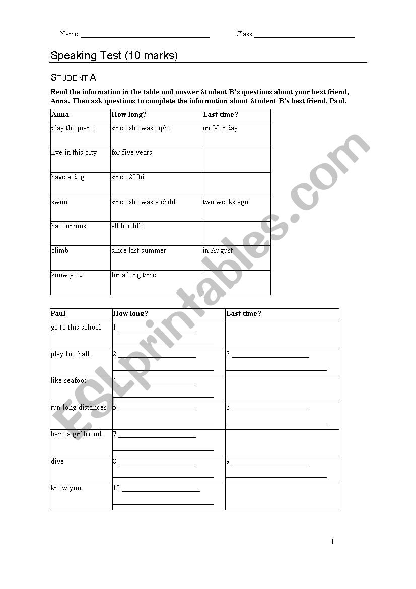 Speaking Test worksheet