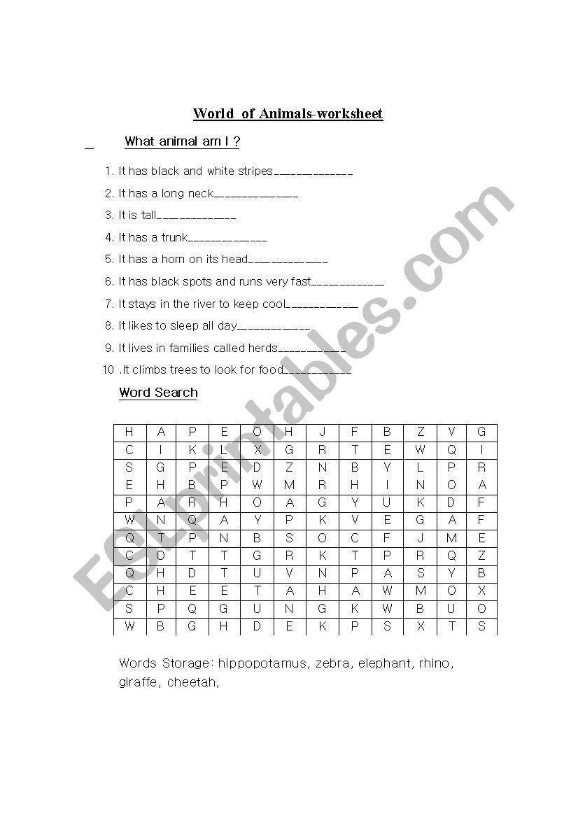 The animals world worksheet worksheet