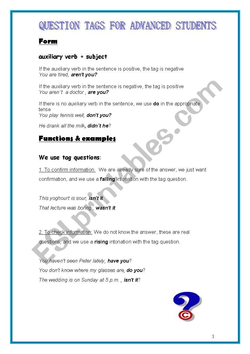 Question tags for advanced students