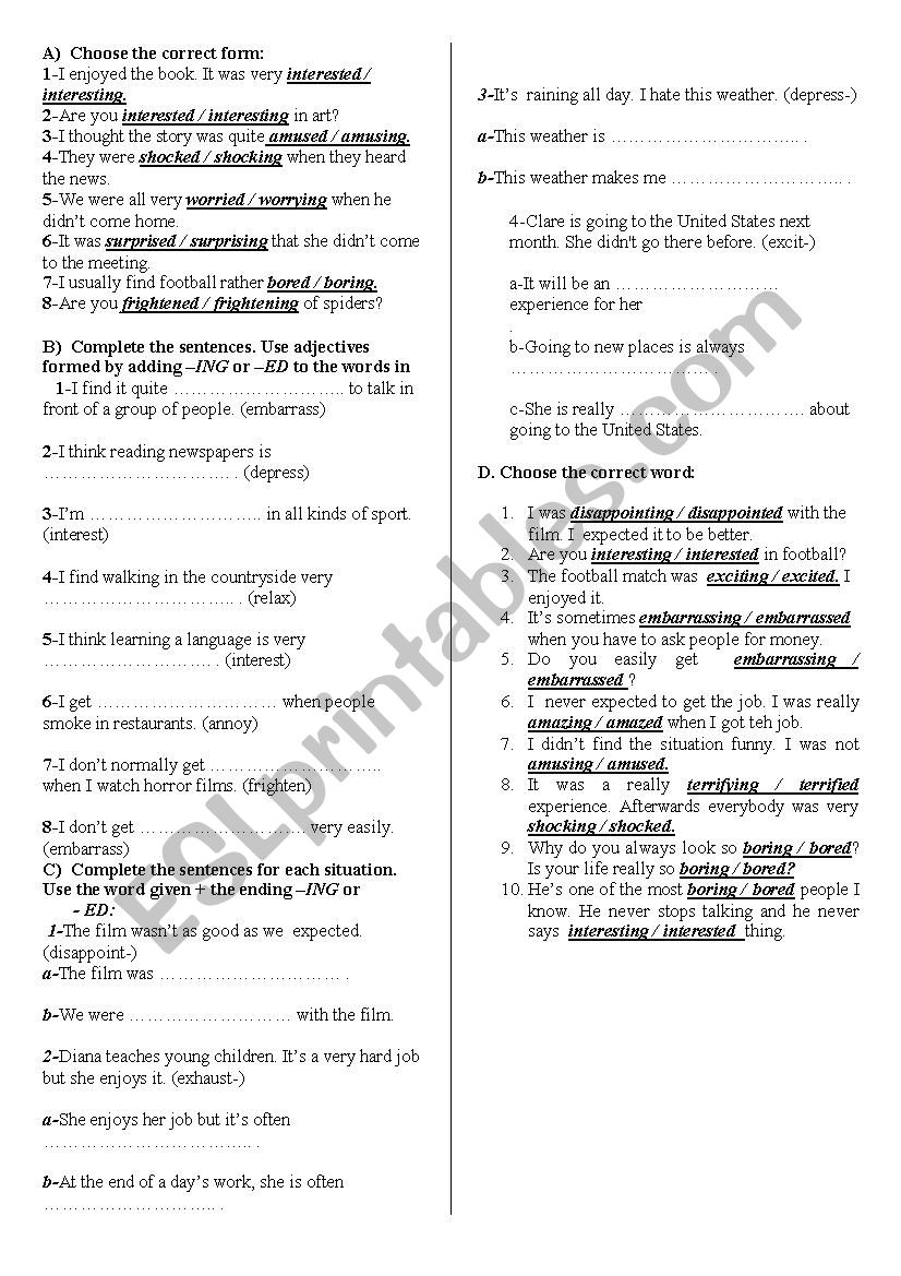 -ed and -ing adjectives worksheet