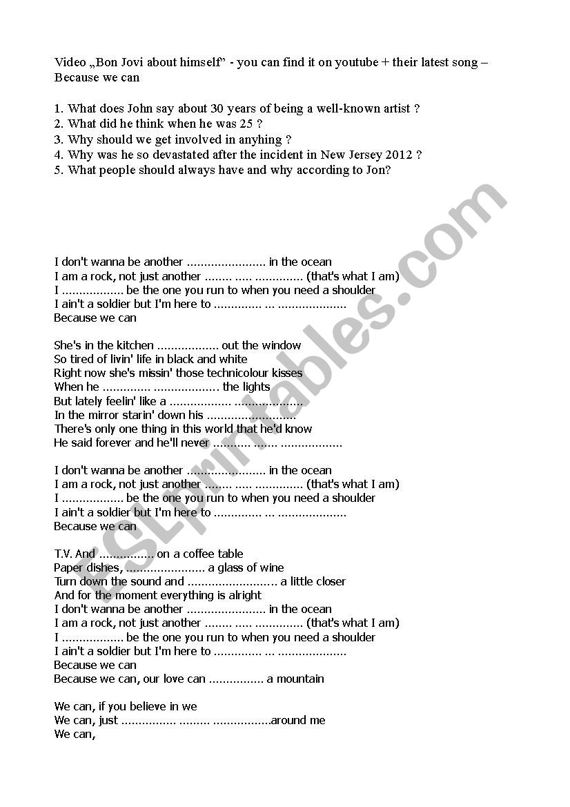 Bon Jovi about himself + gap filling for song Because we can