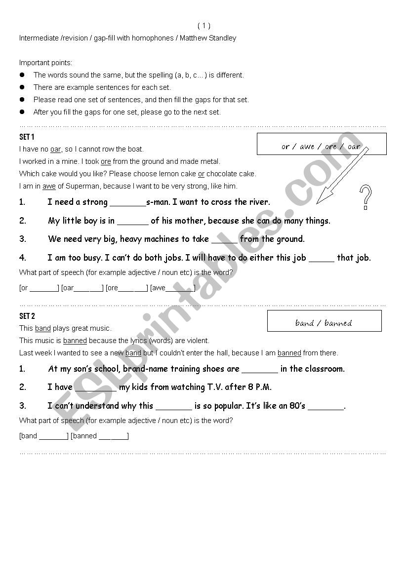 or / ore / oar / awe ? Upper Intermediate homophone gap-fill