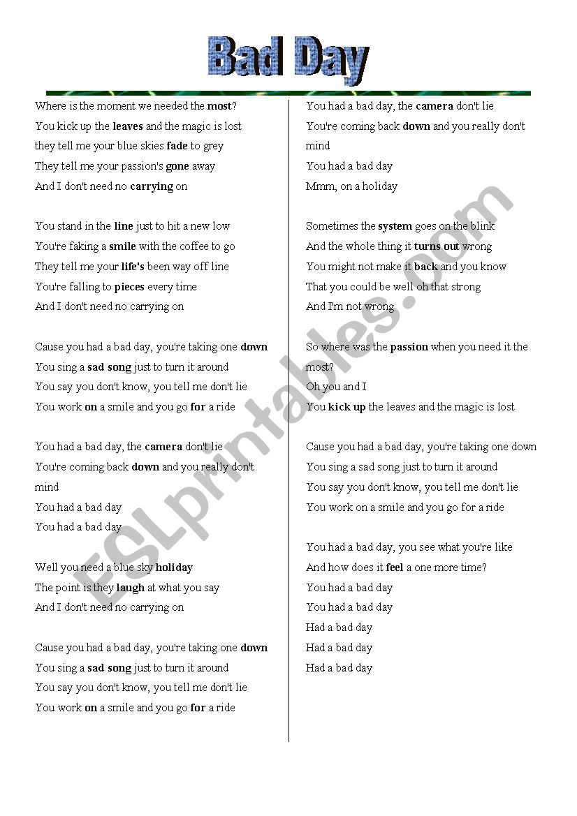 Bad Day Lyrics Gaps worksheet