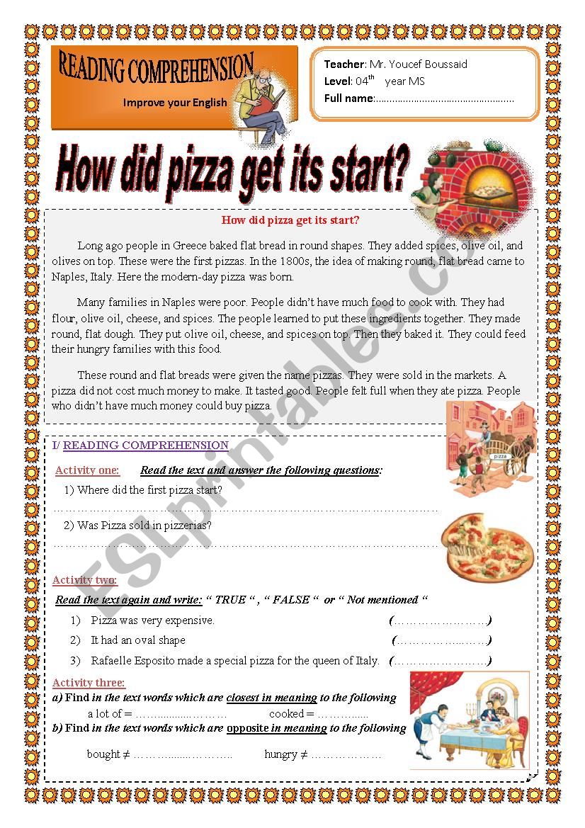 How did pizza get its start worksheet