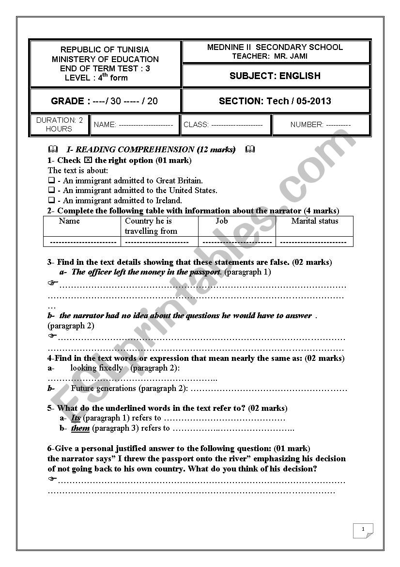 End of term test n.03 4th form