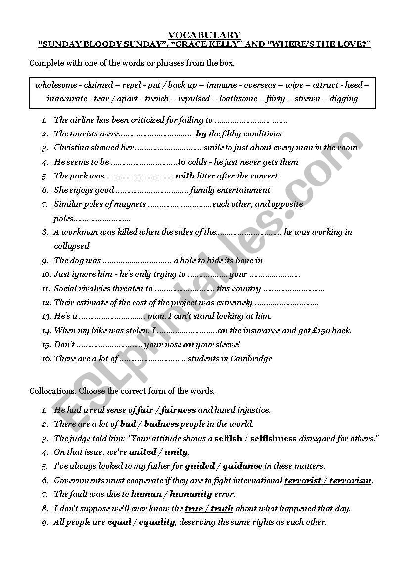 Activities for songs worksheet