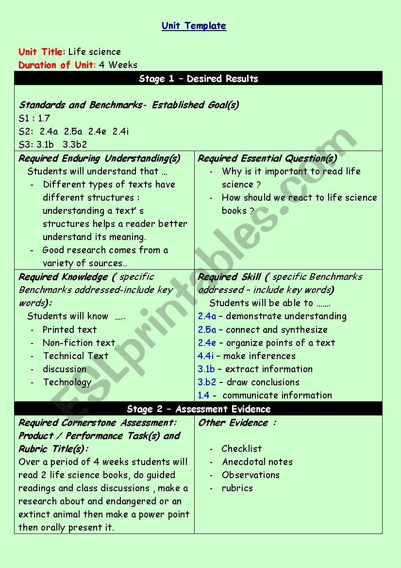 Unit Plan on Life Science worksheet