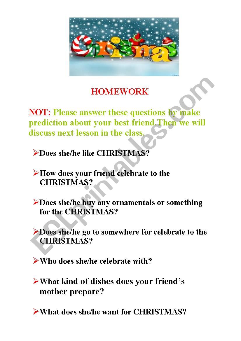 christmas homework questÃ½ons worksheet
