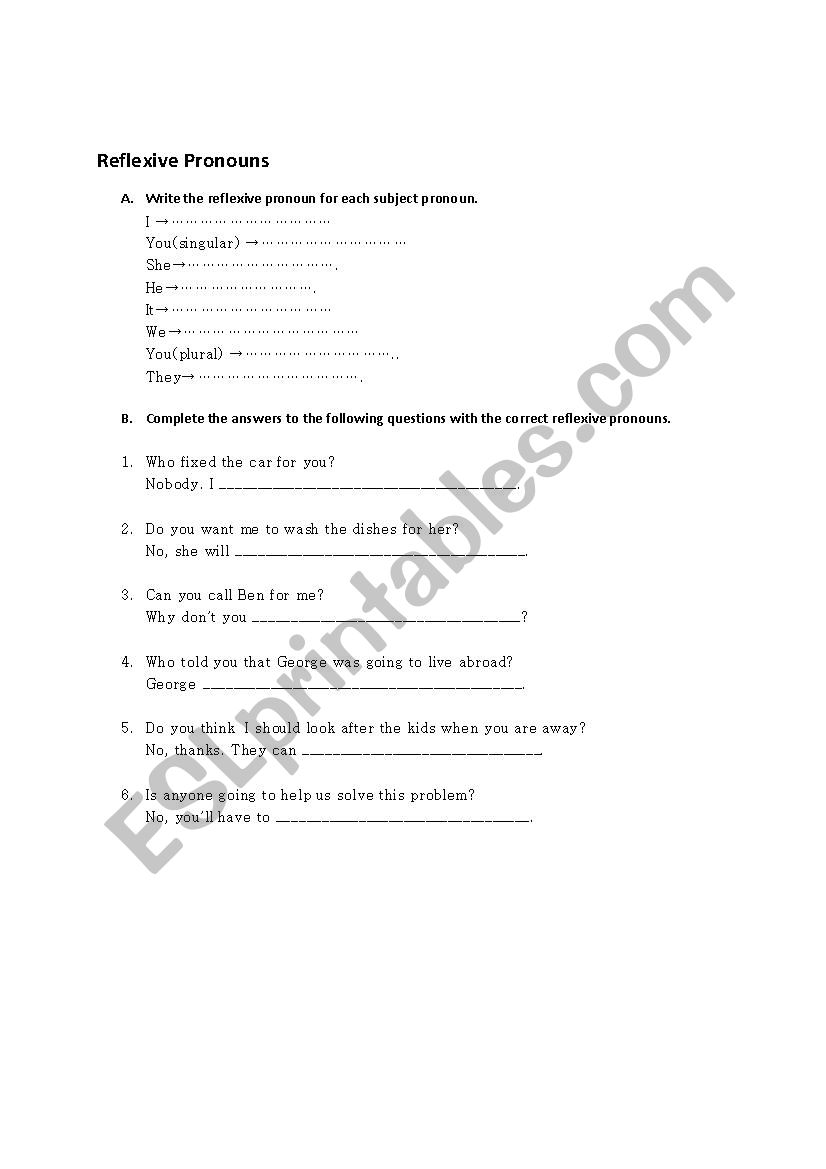 reflexive pronouns worksheet