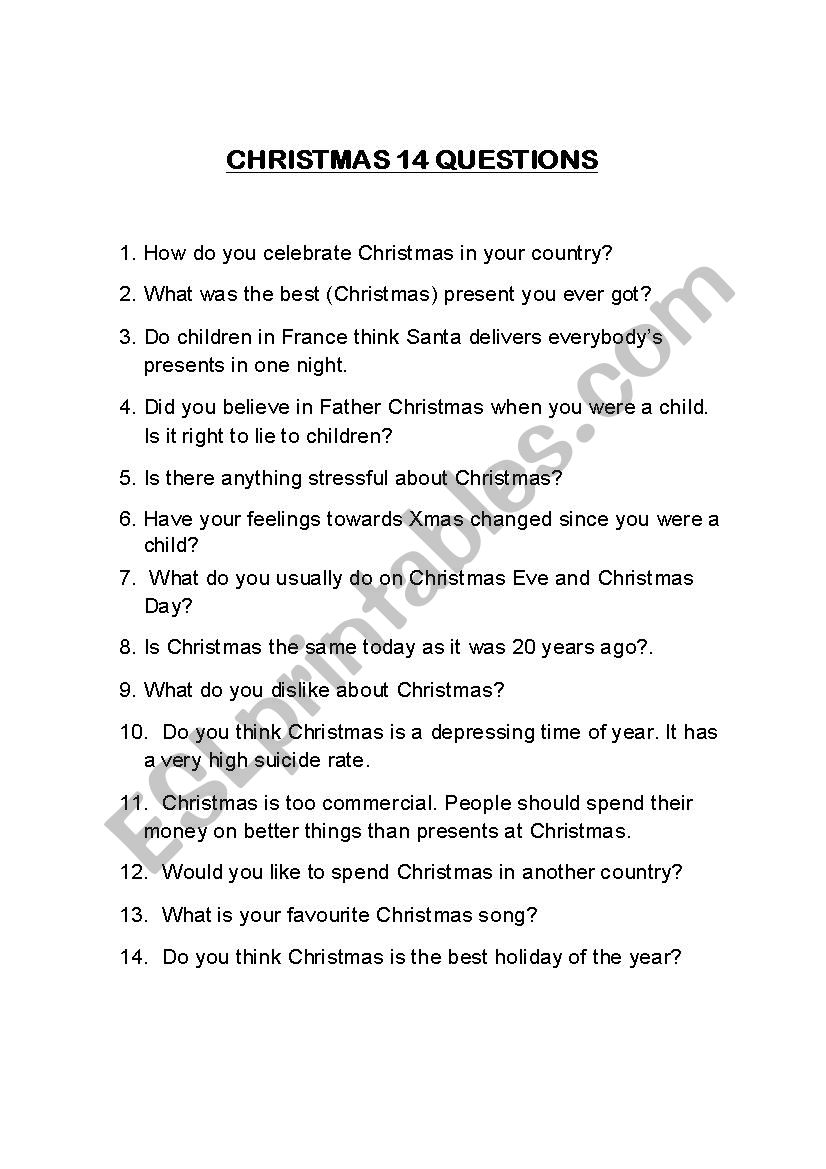 Christmas questions worksheet