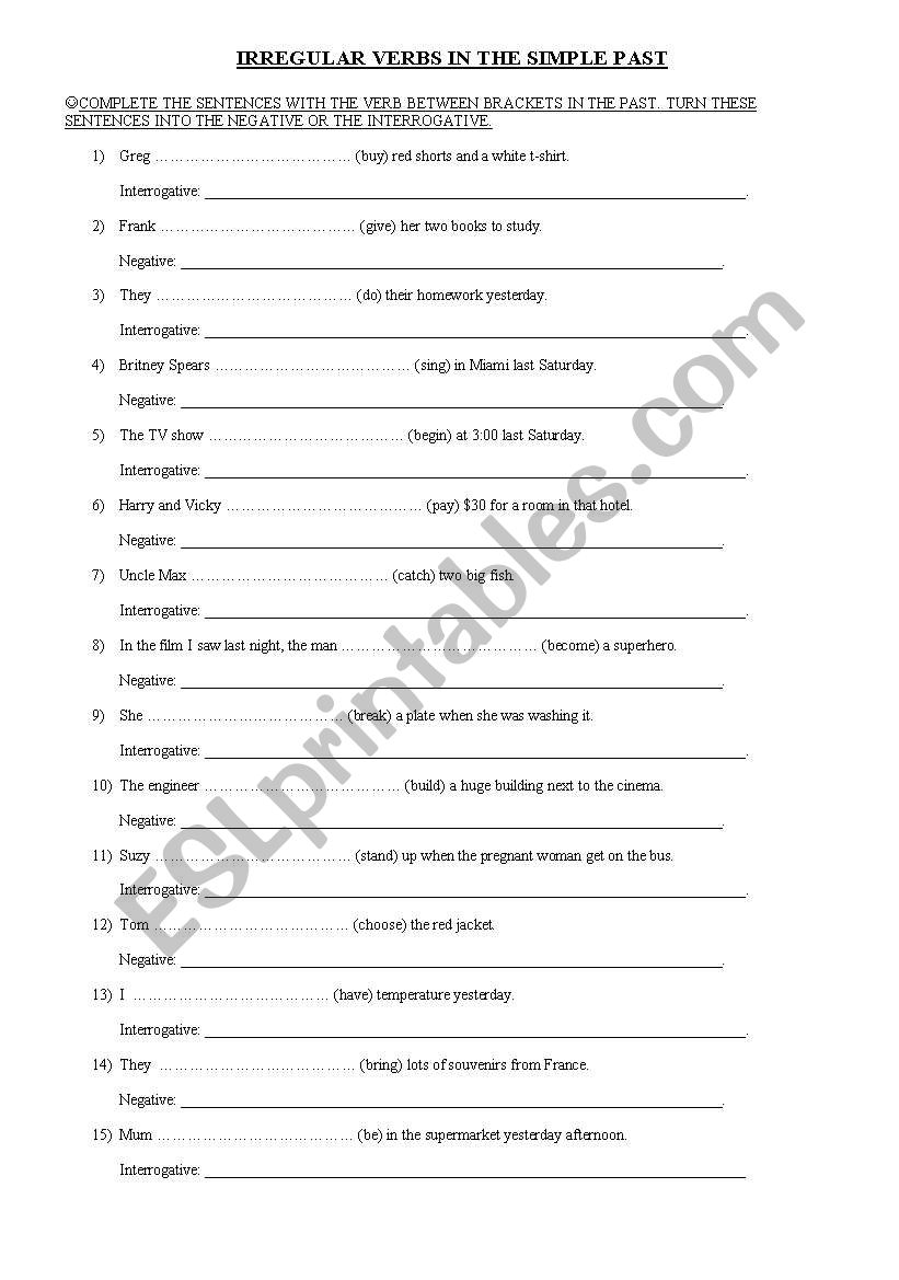 Irregular verbs worksheet