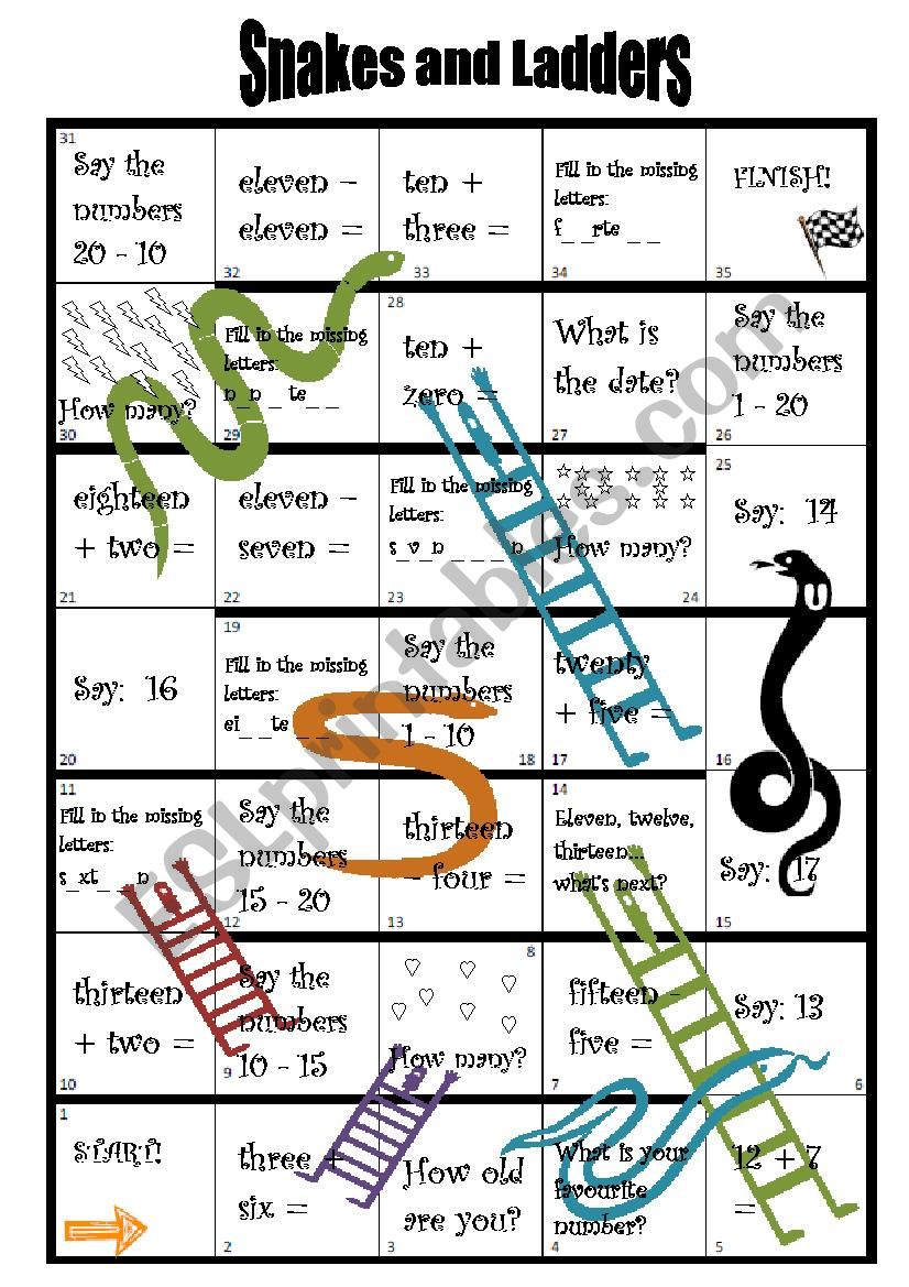 Snakes and ladders game worksheet