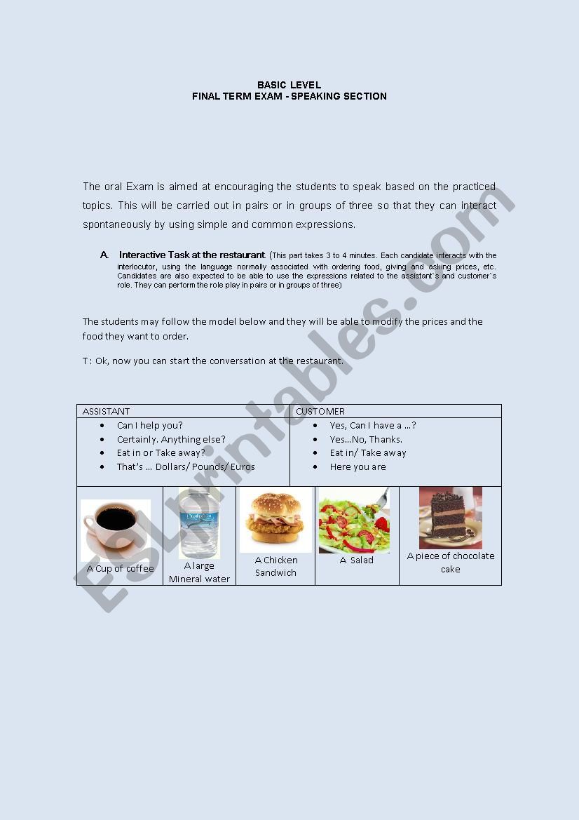 Speaking basic level worksheet