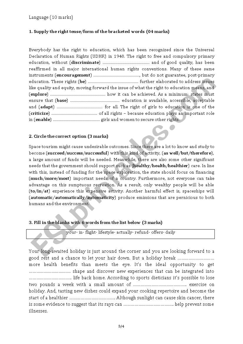 Language activities worksheet