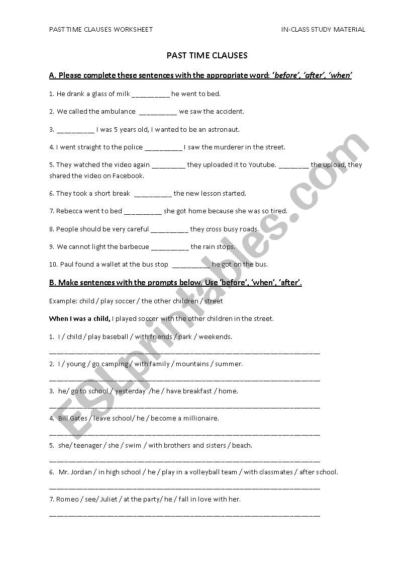 Past Time Clauses Worksheet worksheet