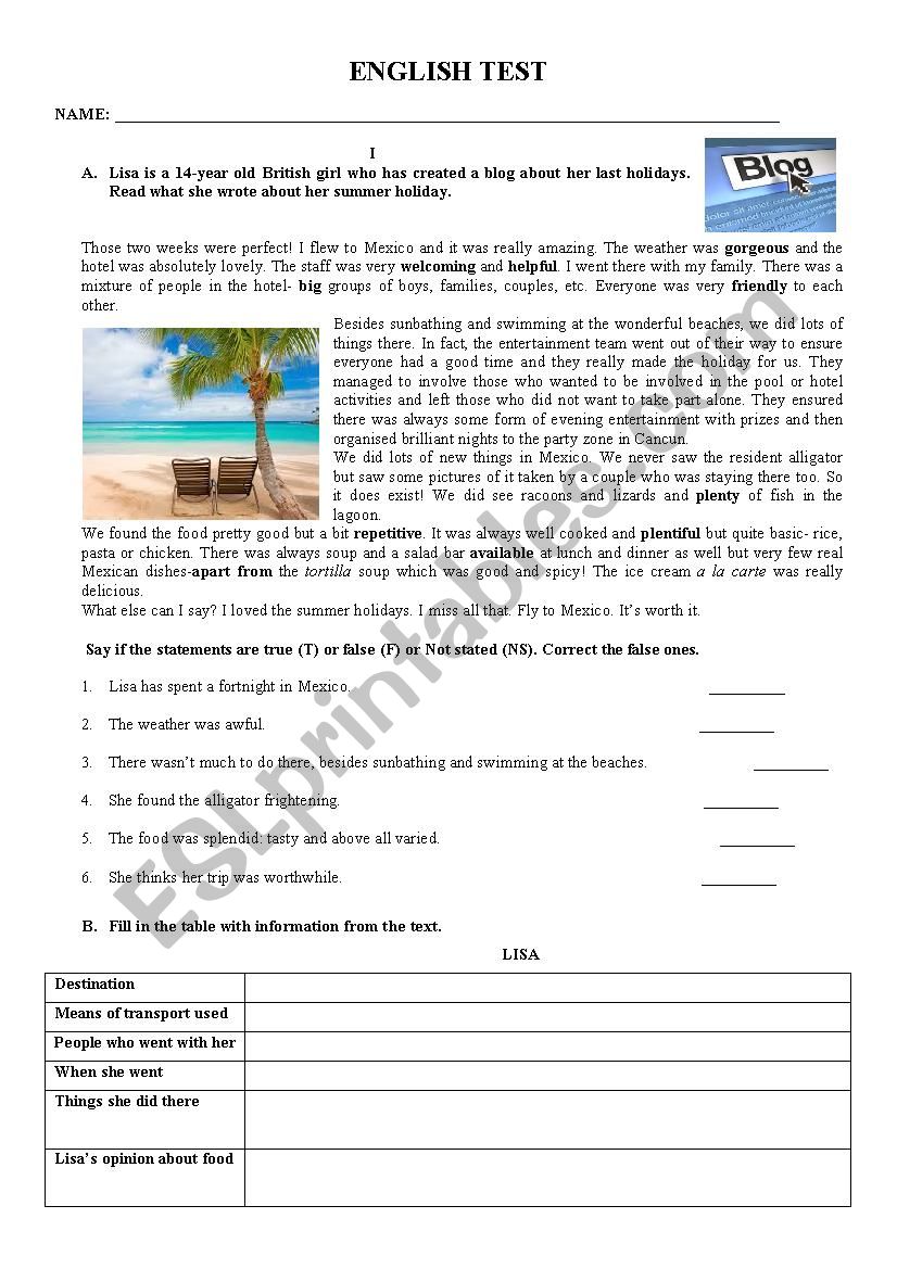 English Test 8th form-Holidays