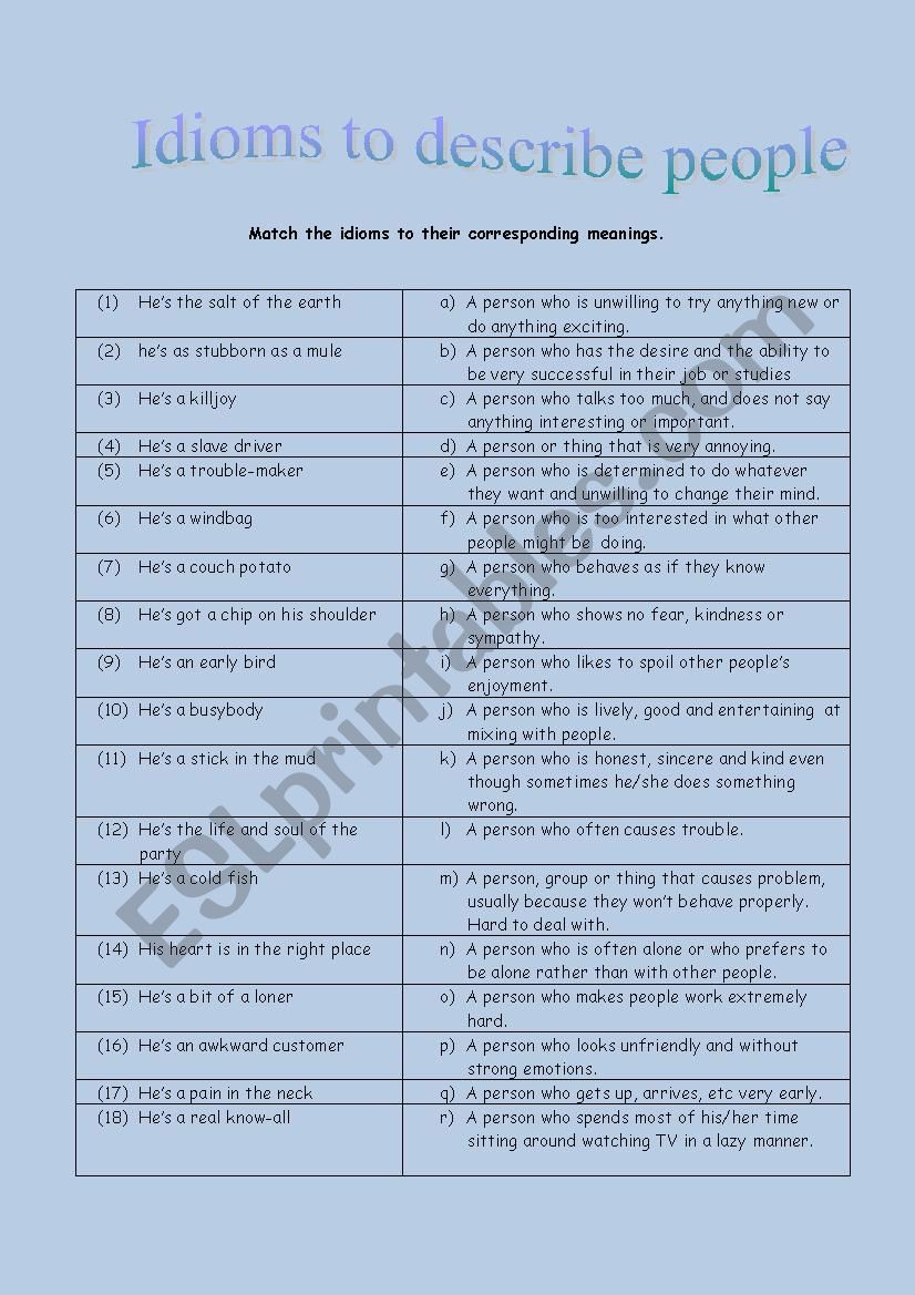 Idioms to describe people worksheet