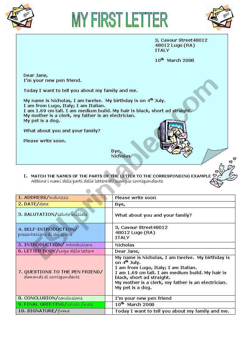 INTRODUTION TO LETTER WRITING worksheet