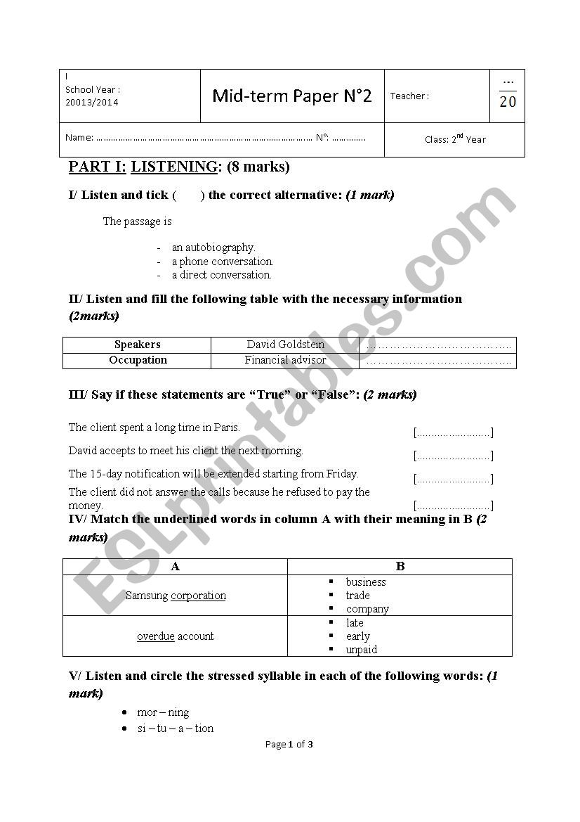 Mid - term test 2 for 2nd form pupils 2014