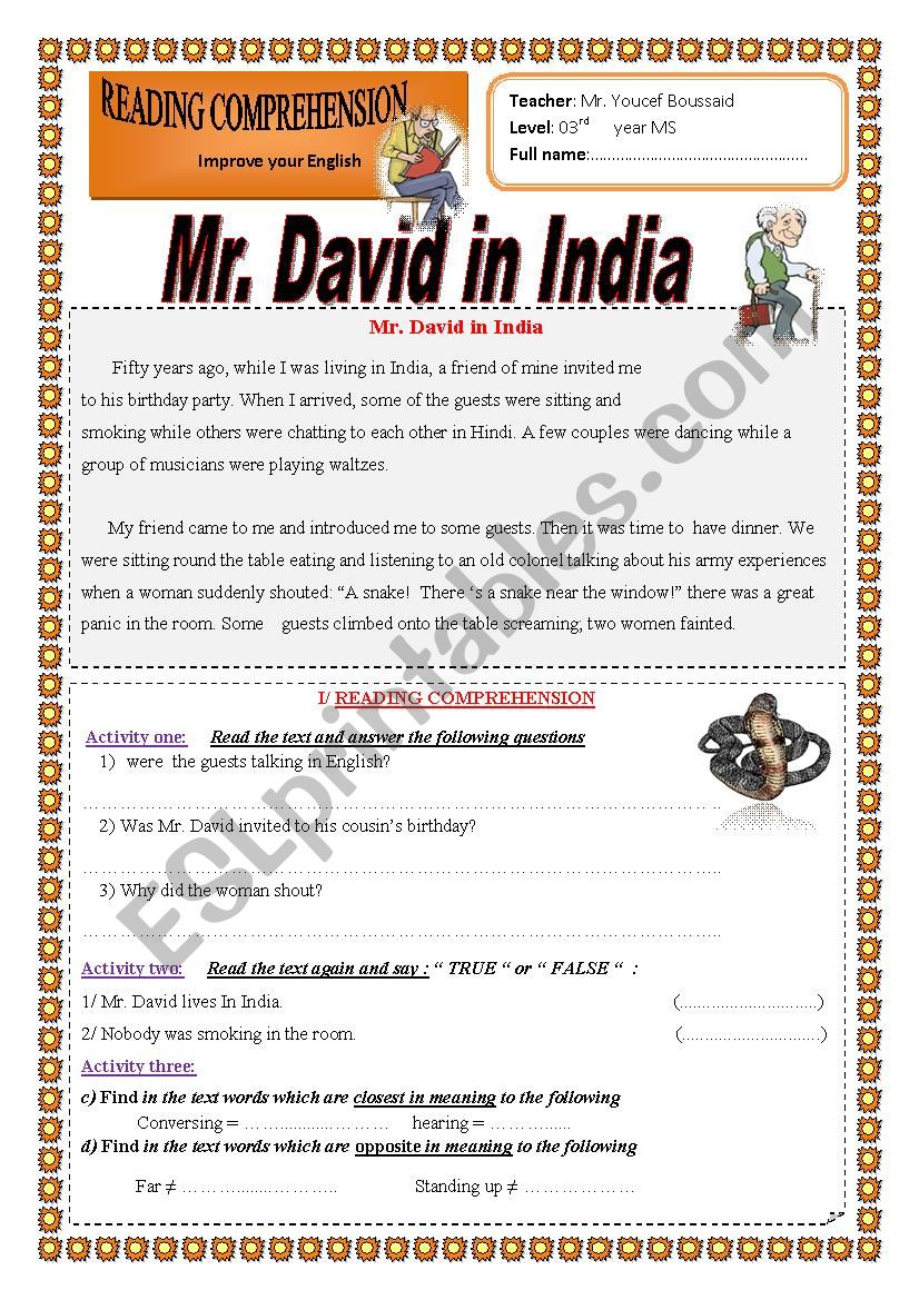 Mr. David in India worksheet