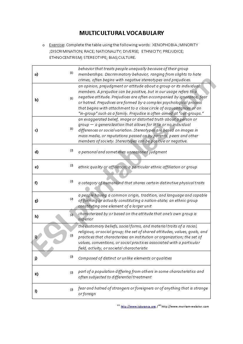 Multicultural Vocabulary worksheet