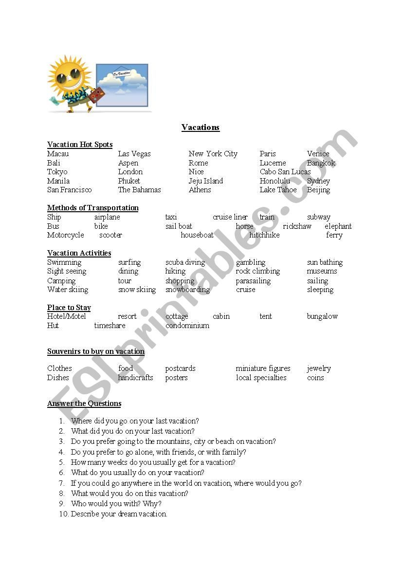 Vacations worksheet