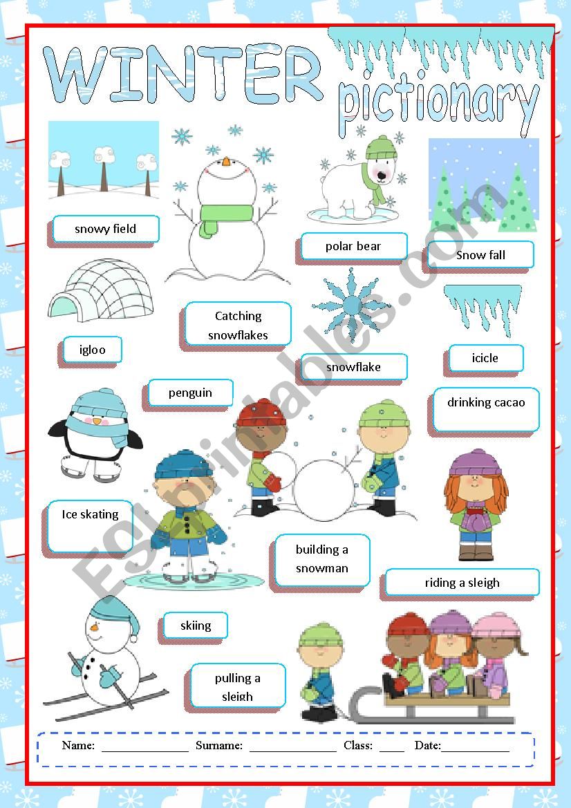 Winter pictionary worksheet