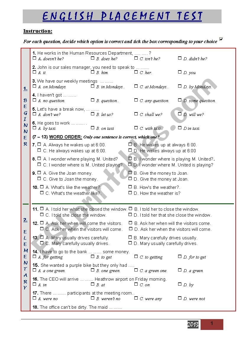 PLACEMENT TEST worksheet