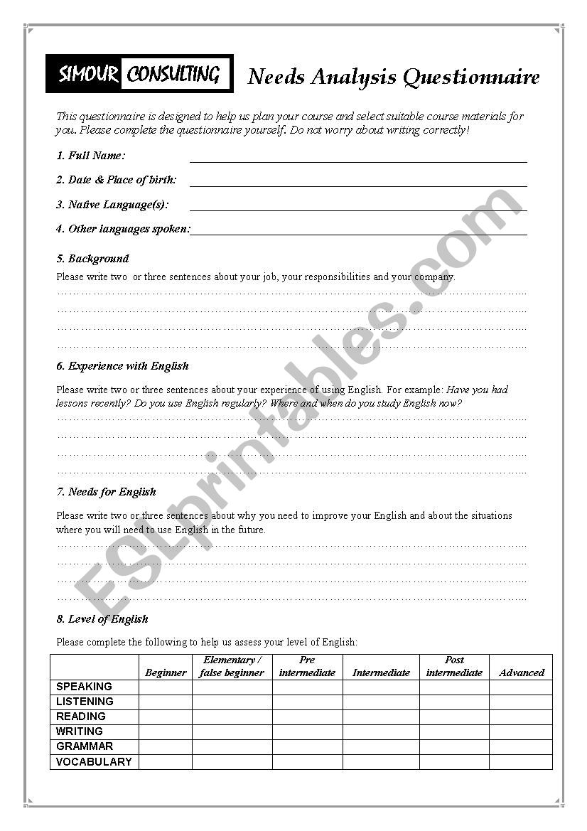 Needs analysis questionnaire worksheet