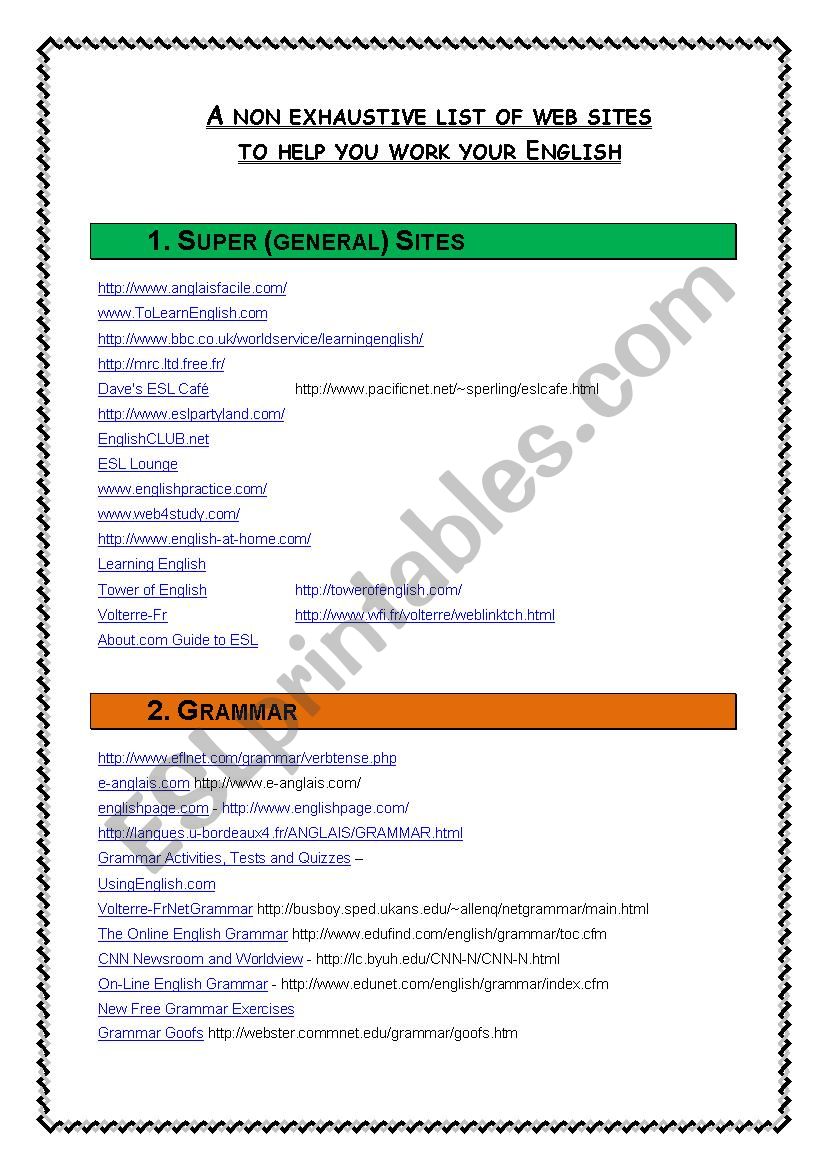 useful English  web sites worksheet