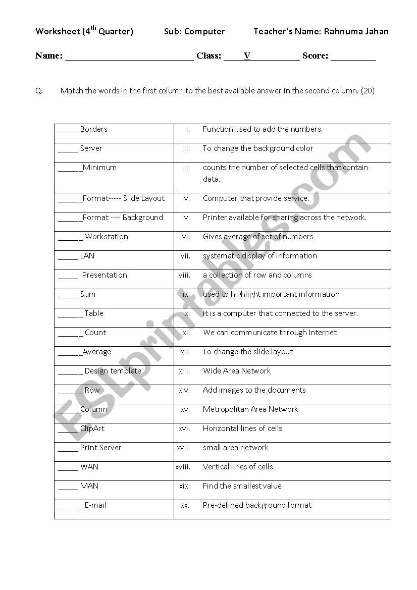 Worksheet for class v worksheet