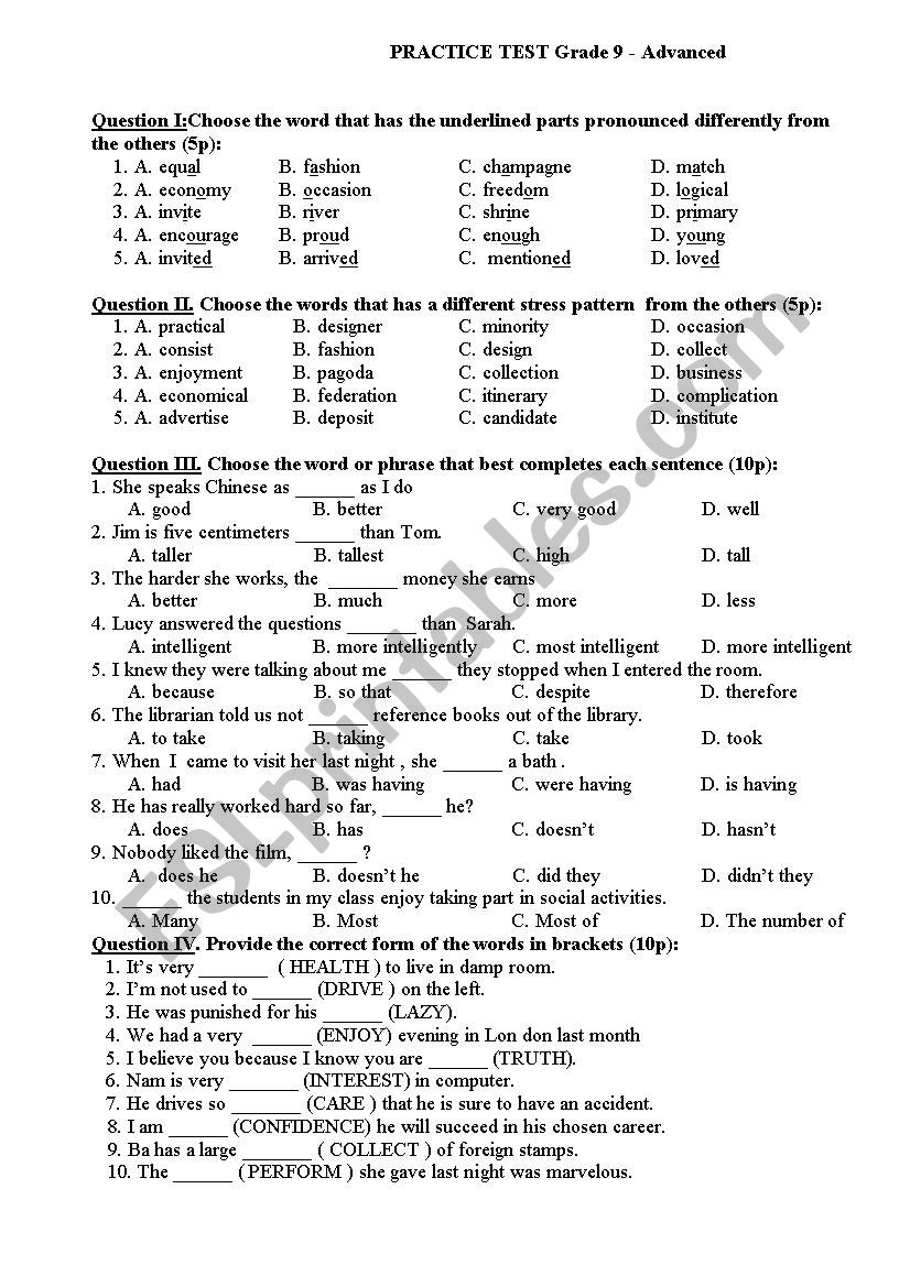 Practice test for advanced students grade 9