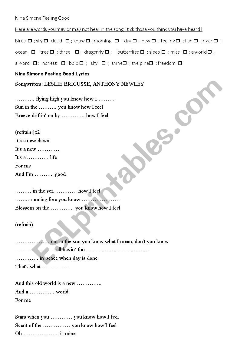 Nina Simone Feeling Good worksheet