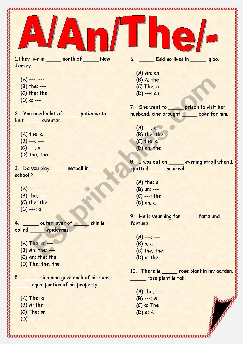 a/an/the/- worksheet