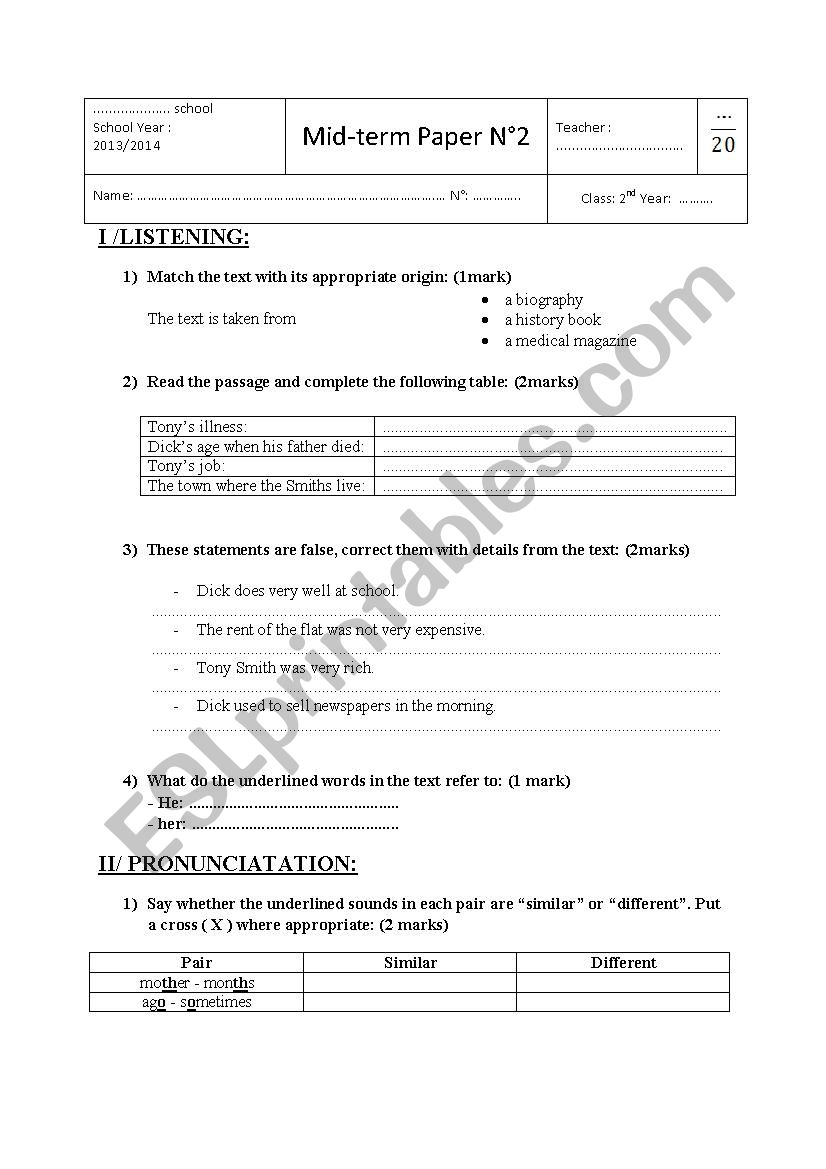 Mid - term test 2 for 2nd form pupils 2014