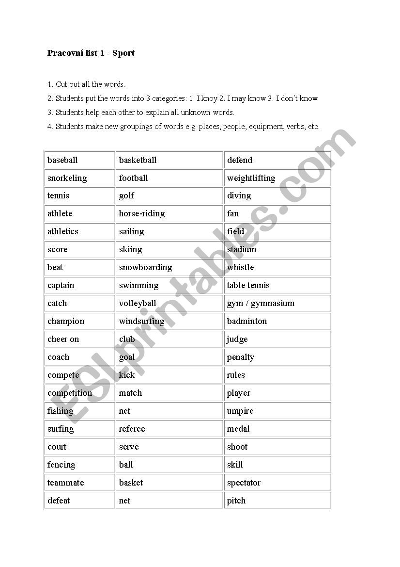 Sport worksheet