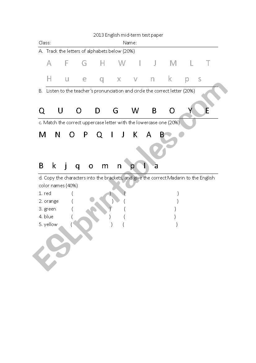 English alphabets and colors worksheet