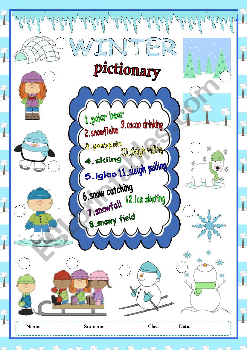 Winter pictionary worksheet