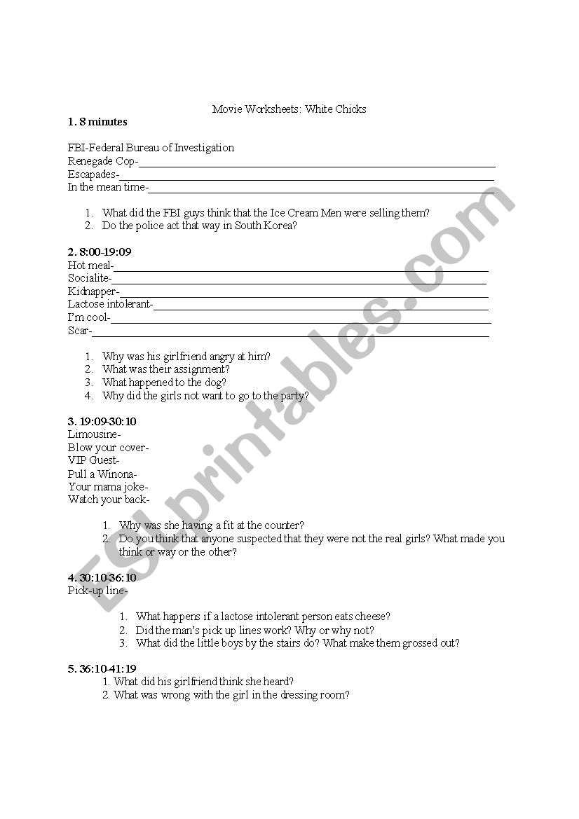 White Chicks Movie Worksheet worksheet