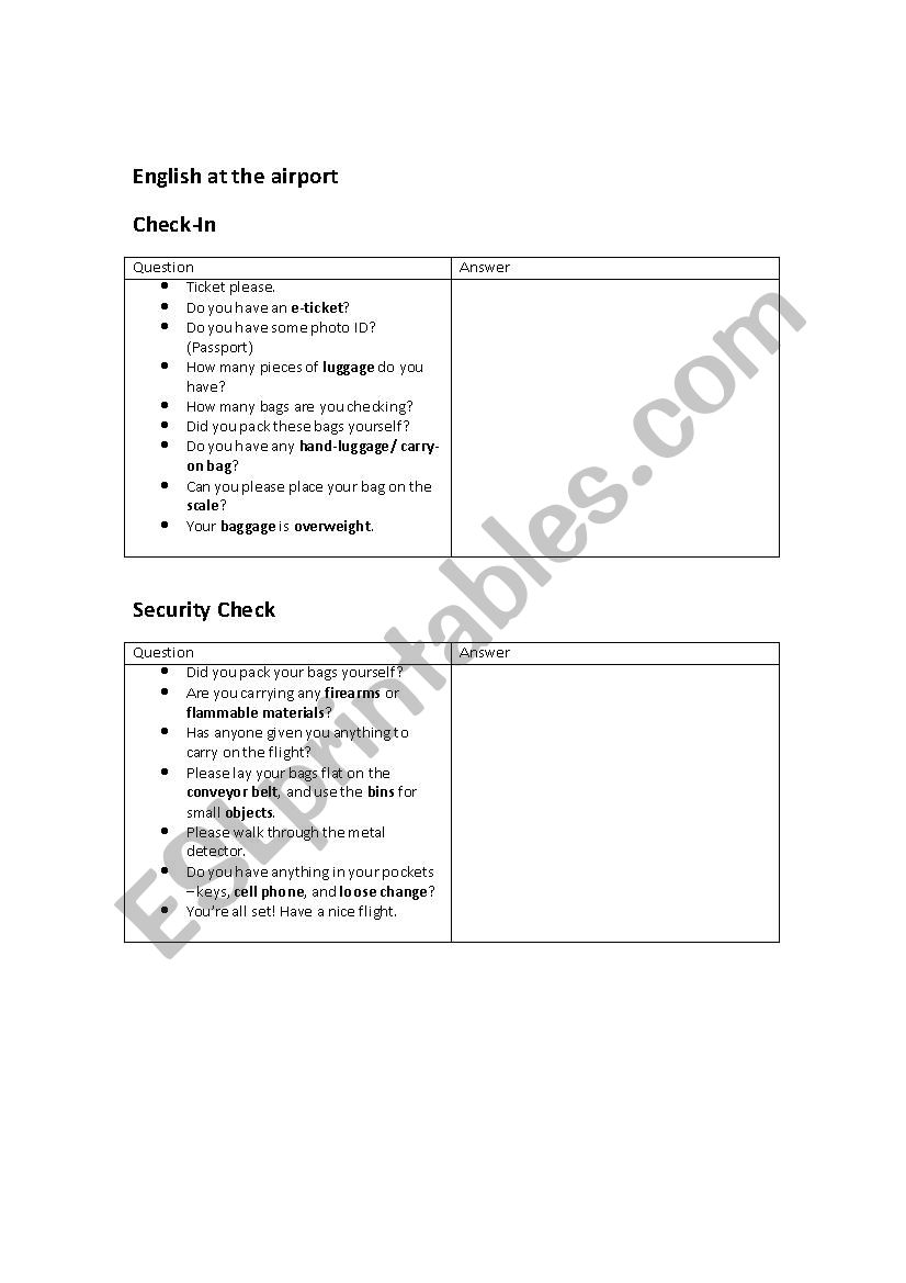 English at the airport exercise 