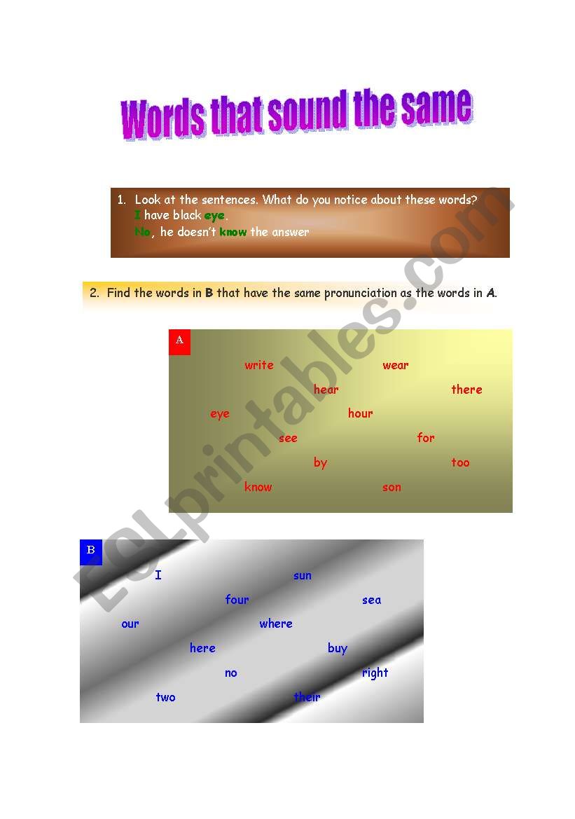 Words that sound the same worksheet