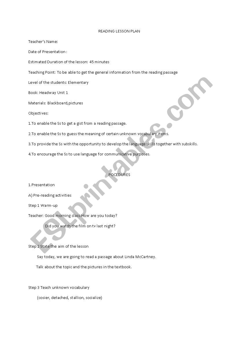 reading lesson plan worksheet