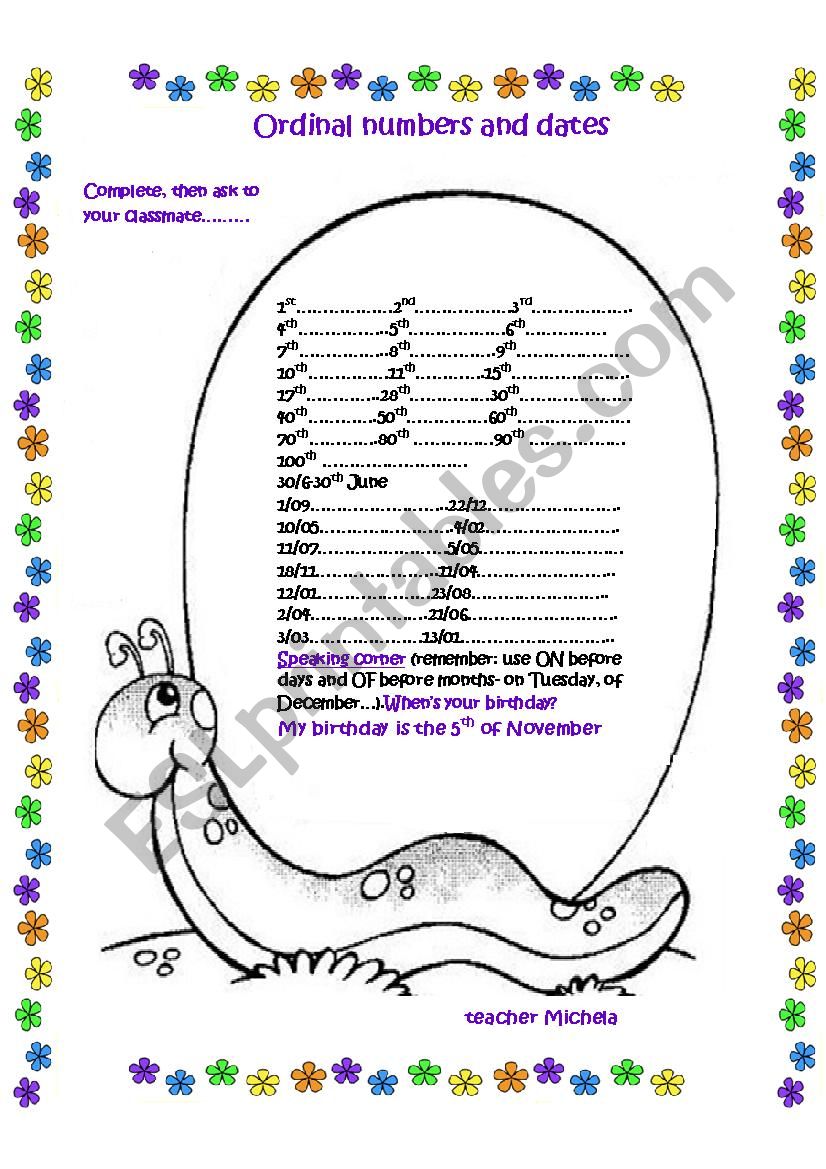 ordinal numbers and dates worksheet