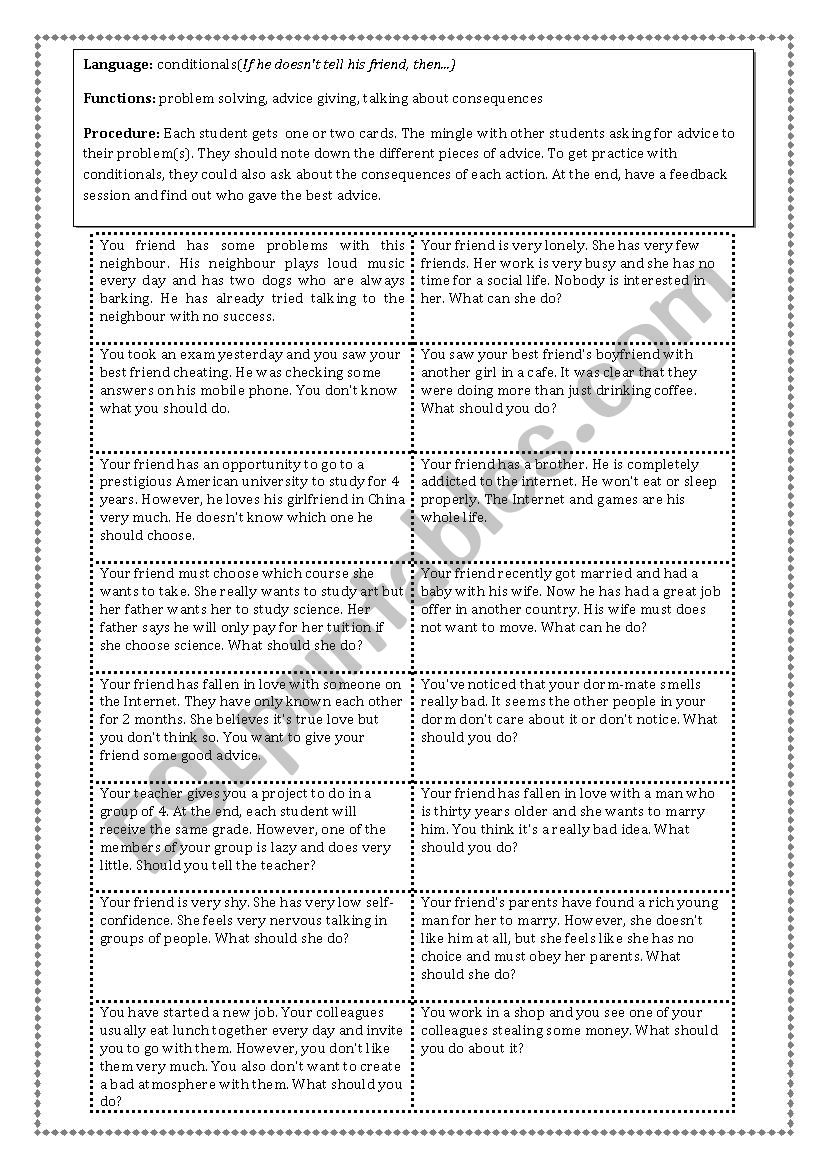 Problems/ Advice / Consequences Activity