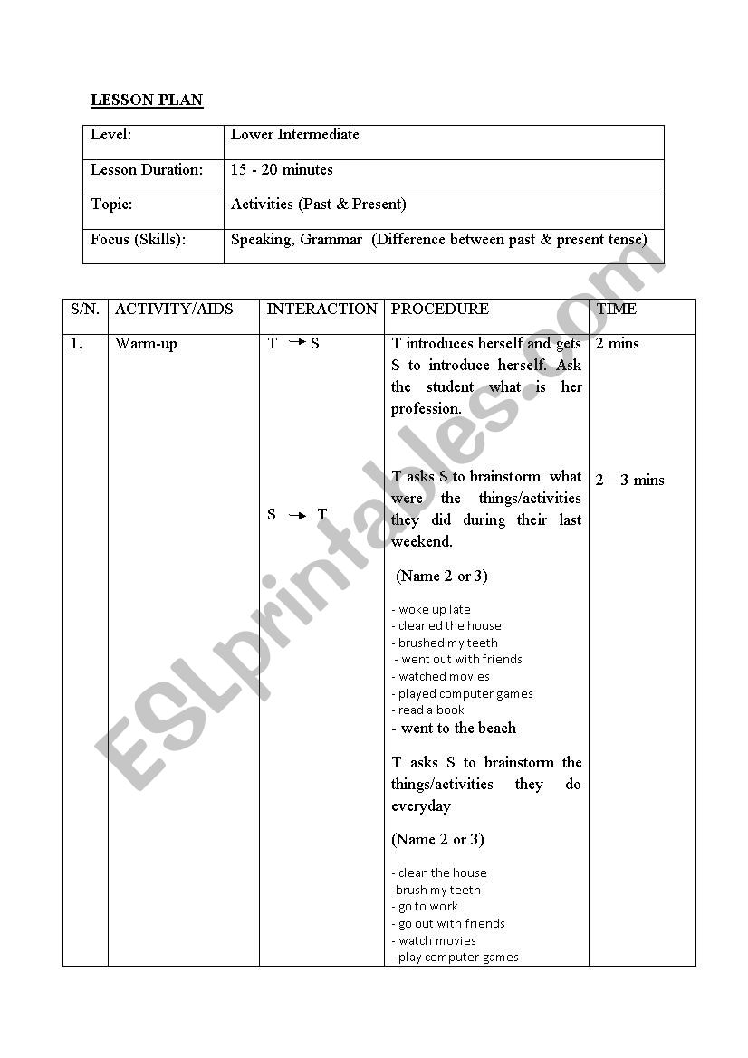 Lesson Plan on grammar worksheet