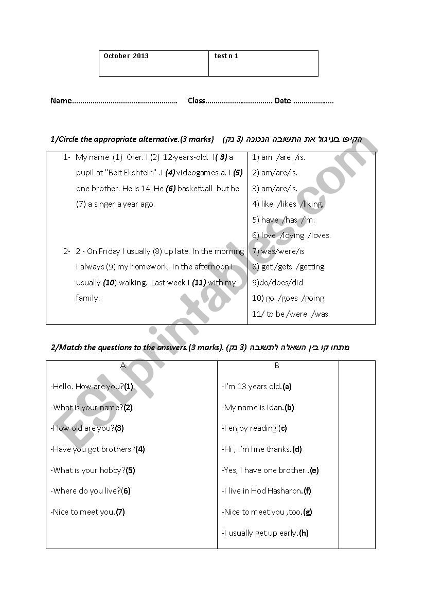 Present simple test worksheet