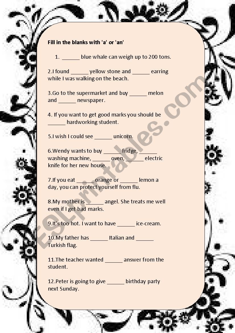 a / an worksheeet worksheet