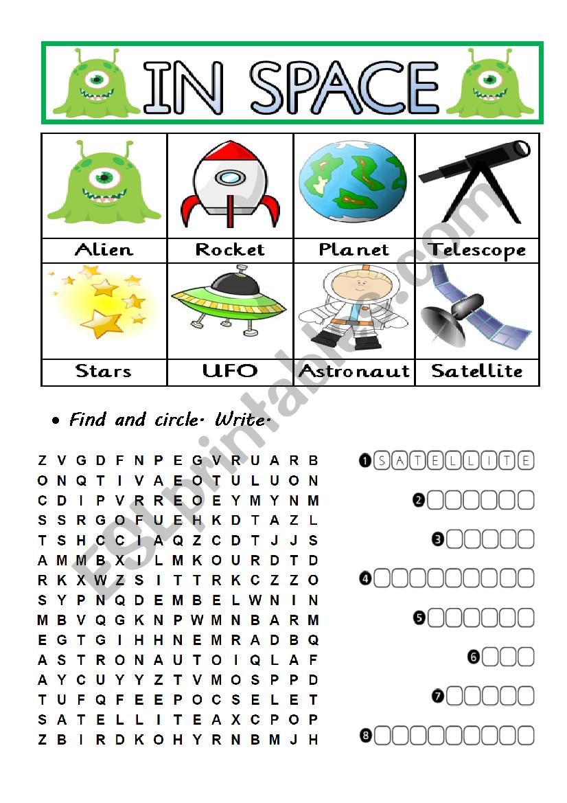 IN SPACE - PICTIONARY - FIND AND CIRCLE - WRITE