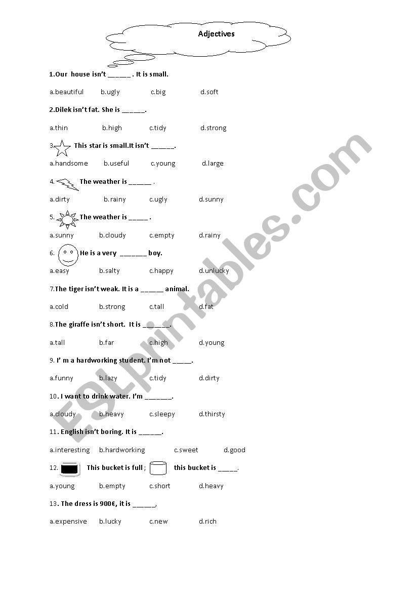 adjectives test worksheet